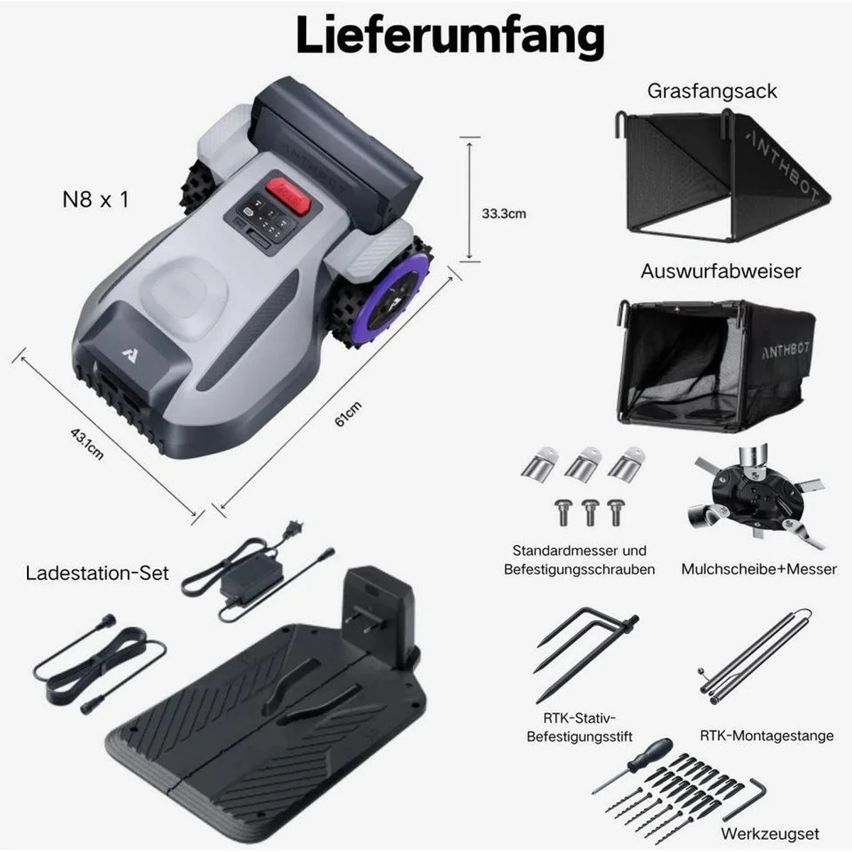 ANTHBOT N8 Mähroboter, 4-in-1, Auto-Entleerung, bis 1500 m² Rasenfläche 4