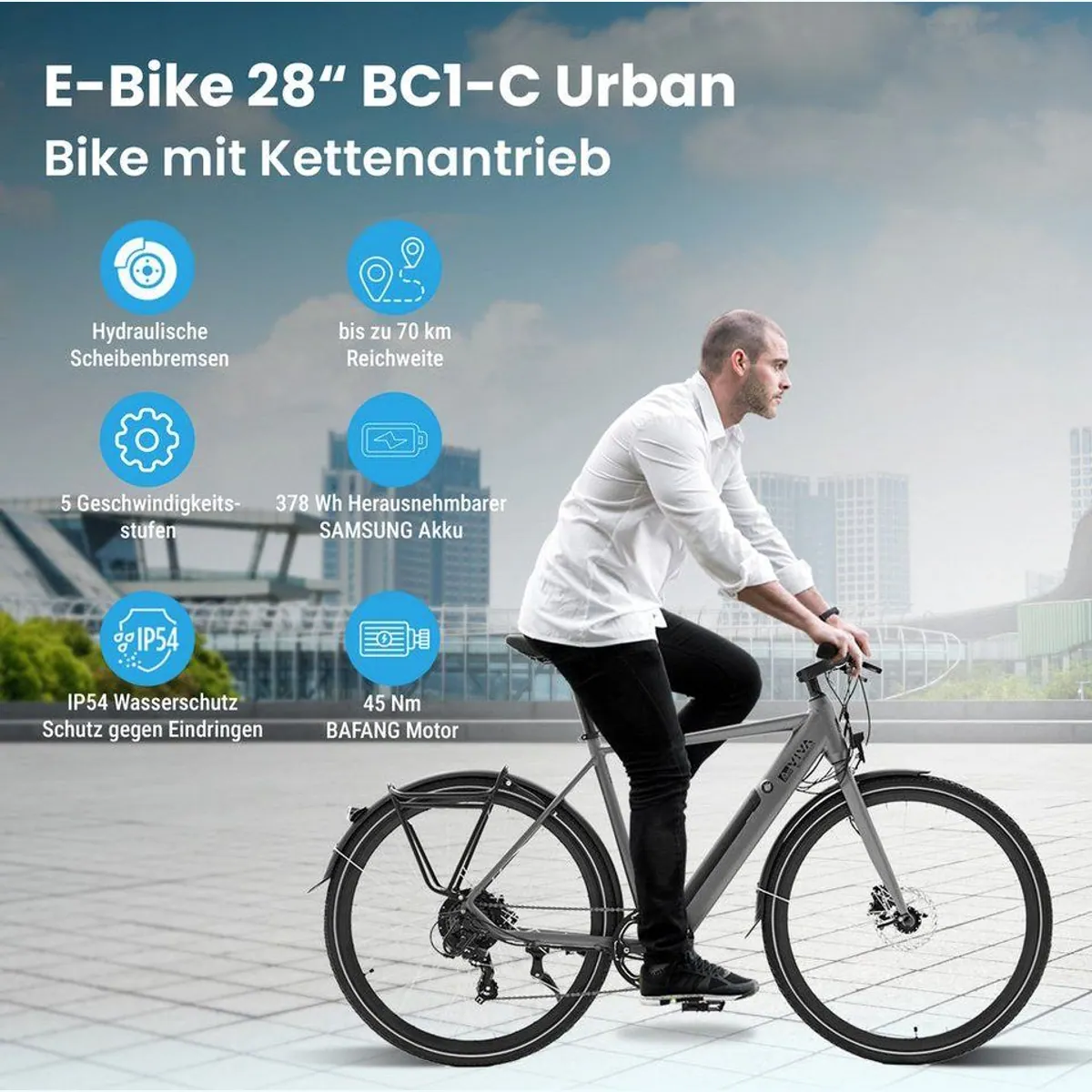AsVIVA BC1-C E-Bike Cityrad, 250 W Bafang-Motor, 378 Wh Samsung-Akku, hydraulische Scheibenbremsen 2