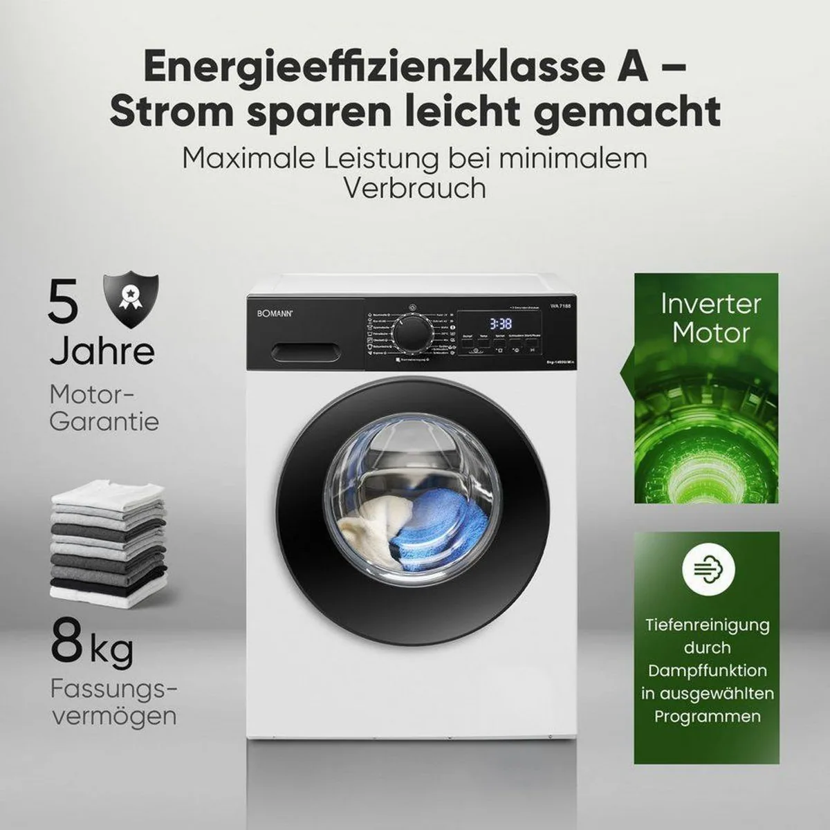 BOMANN Waschmaschine WA 7188, 8 kg Fassungsvermögen, 1400 U/min, Inverter-Motor 2