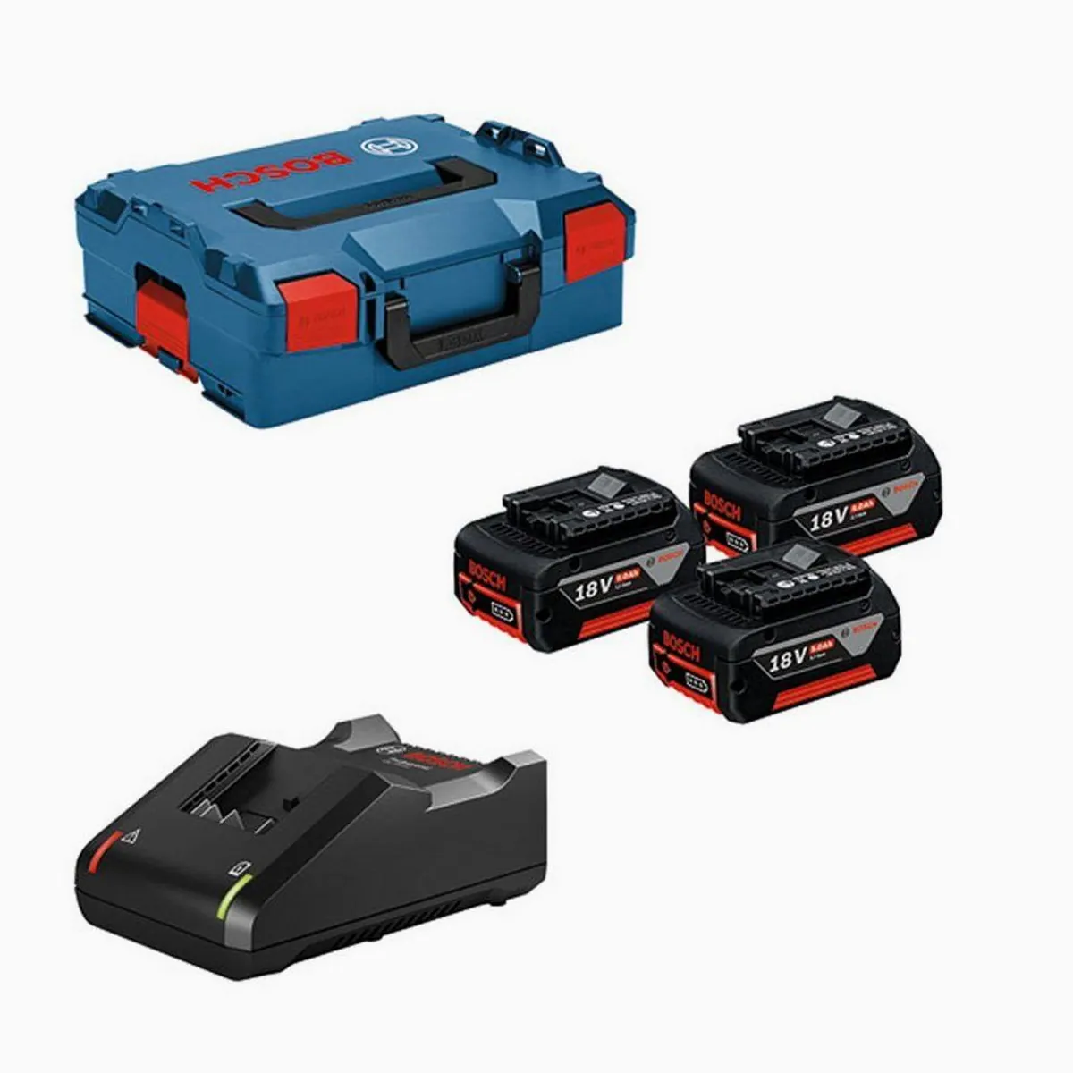 BOSCH Akku-Set GBA 18V 5.0Ah, 3x Akkus mit L-BOXX und Schnellladegerät