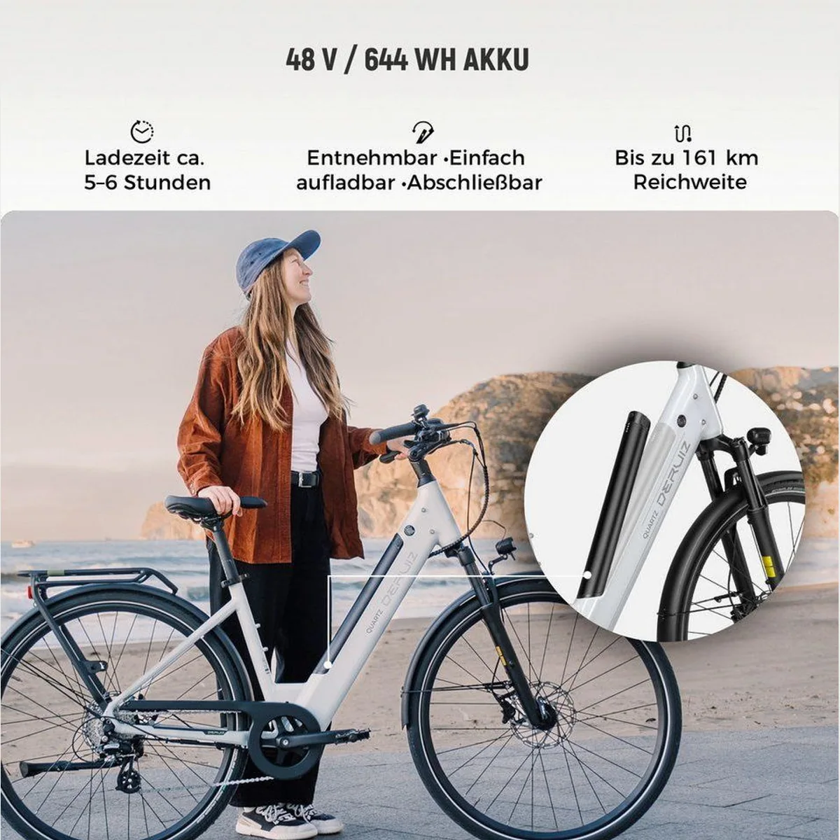 DERUIZ E-Bike Cityrad 28 Zoll, 644 Wh Akku, 8-Gang Shimano Schaltung 5