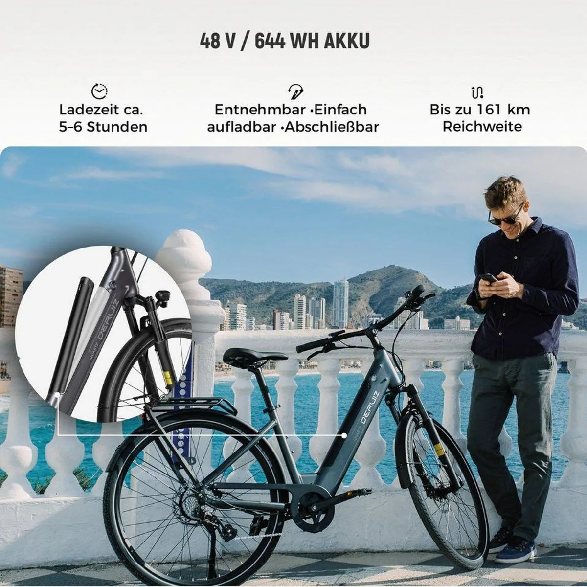 DERUIZ E-Bike Cityrad 28 Zoll, 644 Wh Akku, 250 W Heckmotor, 8-Gang Shimano 5