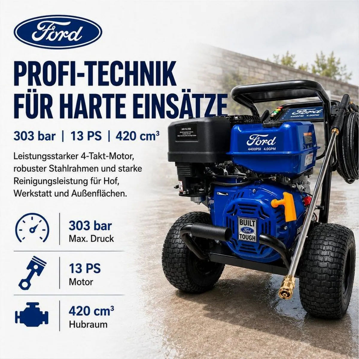 DeTec Hochdruckreiniger Ford Benzin 13PS, 303 bar & 21" Flächenreiniger — kraftvolle Reinigungslösung 3