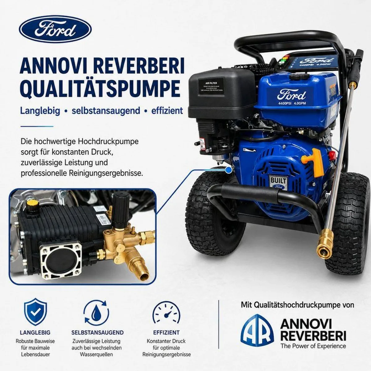 DeTec Hochdruckreiniger Ford Benzin 13PS, 303 bar & 21" Flächenreiniger — kraftvolle Reinigungslösung 4