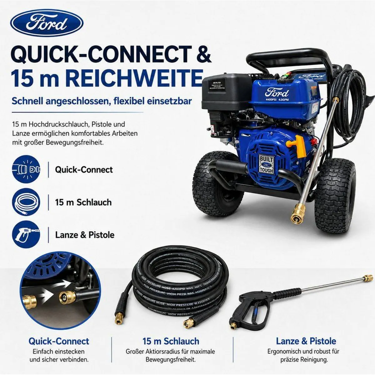 DeTec Hochdruckreiniger Ford Benzin 13PS, 303 bar & 21" Flächenreiniger — kraftvolle Reinigungslösung 5