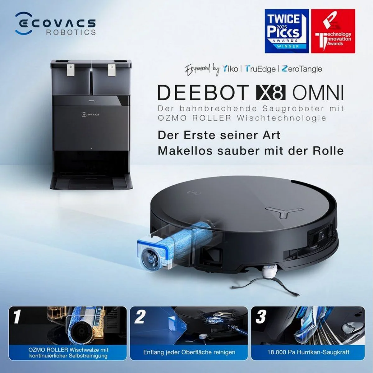 ECOVACS DEEBOT X8 OMNI, 18.000 Pa Saugleistung, OZMO Roller Wischsystem, OMNI-Station 4