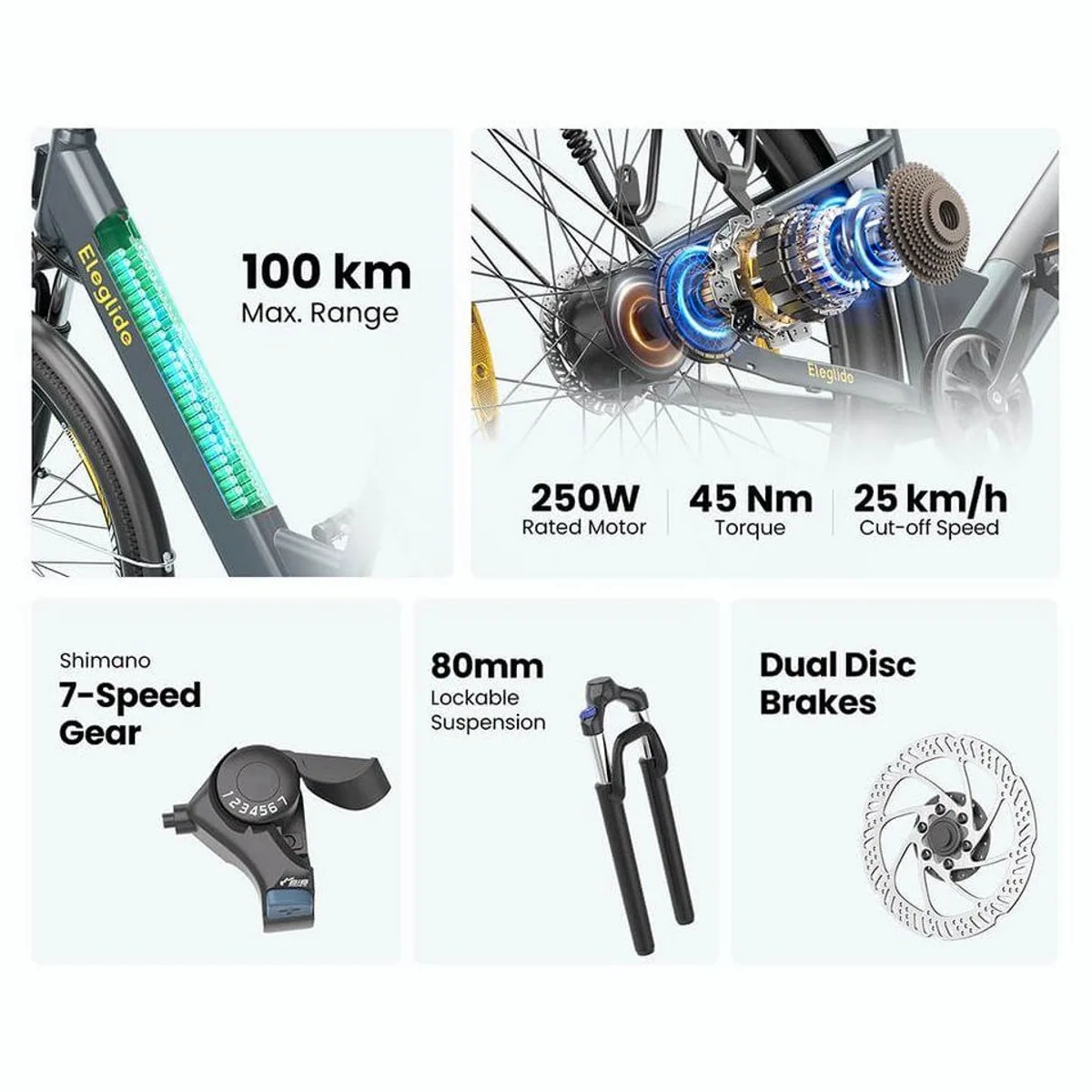 Eleglide E-Bike T1 ST, 100 km Reichweite, 7-Gang Shimano, 250 W Motor 3