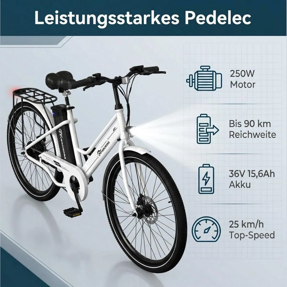 EVERCROSS TECH E-Bike Cityrad, 26 Zoll, 90 km Reichweite, 250W Motor 2