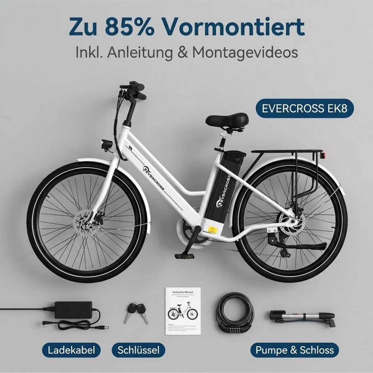 EVERCROSS TECH E-Bike Cityrad, 26 Zoll, 90 km Reichweite, 250W Motor 4