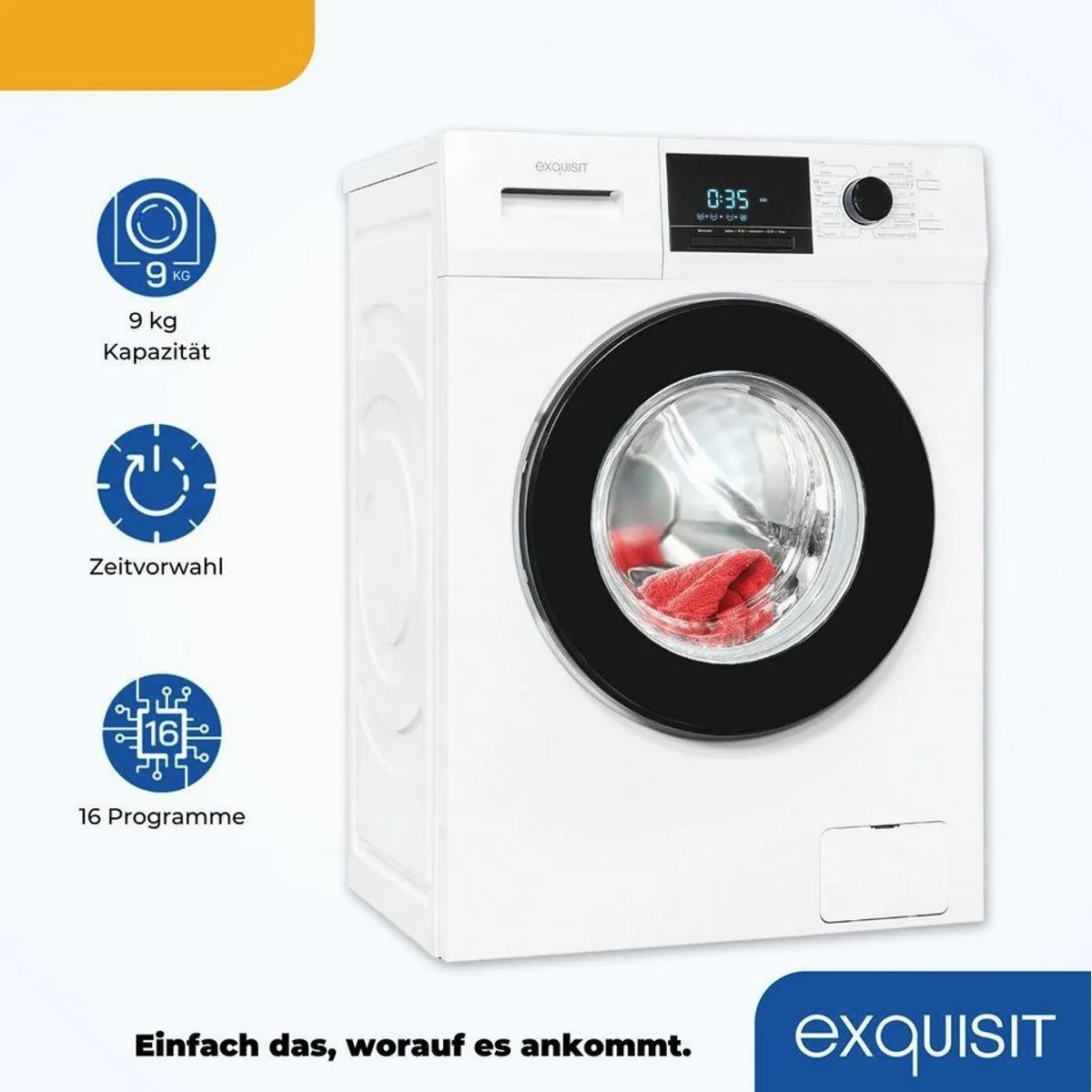 exquisit WA59214-340A, 9 kg Fassungsvermögen, 1400 U/min, Knitterschutz 3