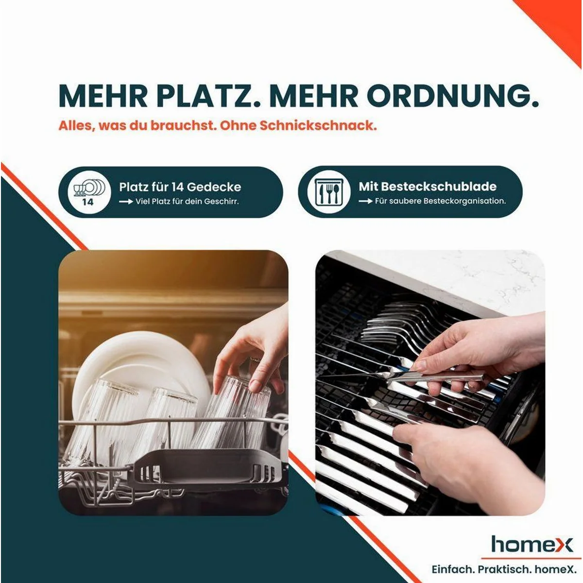 homeX DWFS601444C-S Geschirrspüler, 14 Maßgedecke, 7 Programme, leise 44 dB 2