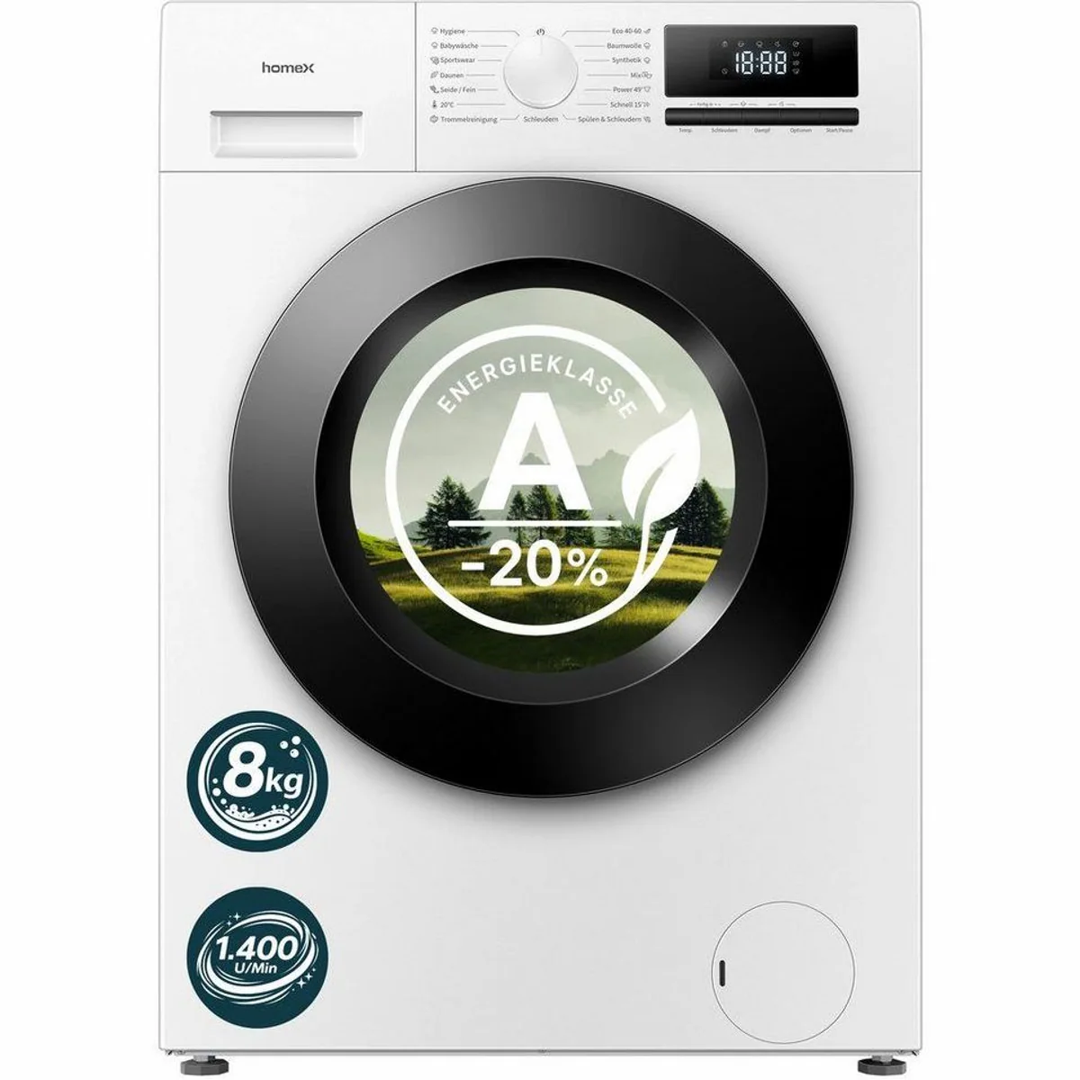 homeX Waschmaschine WF814H1A-W, 8 kg, 1400 U/min, Dampffunktion, AquaStop, Inverter Motor