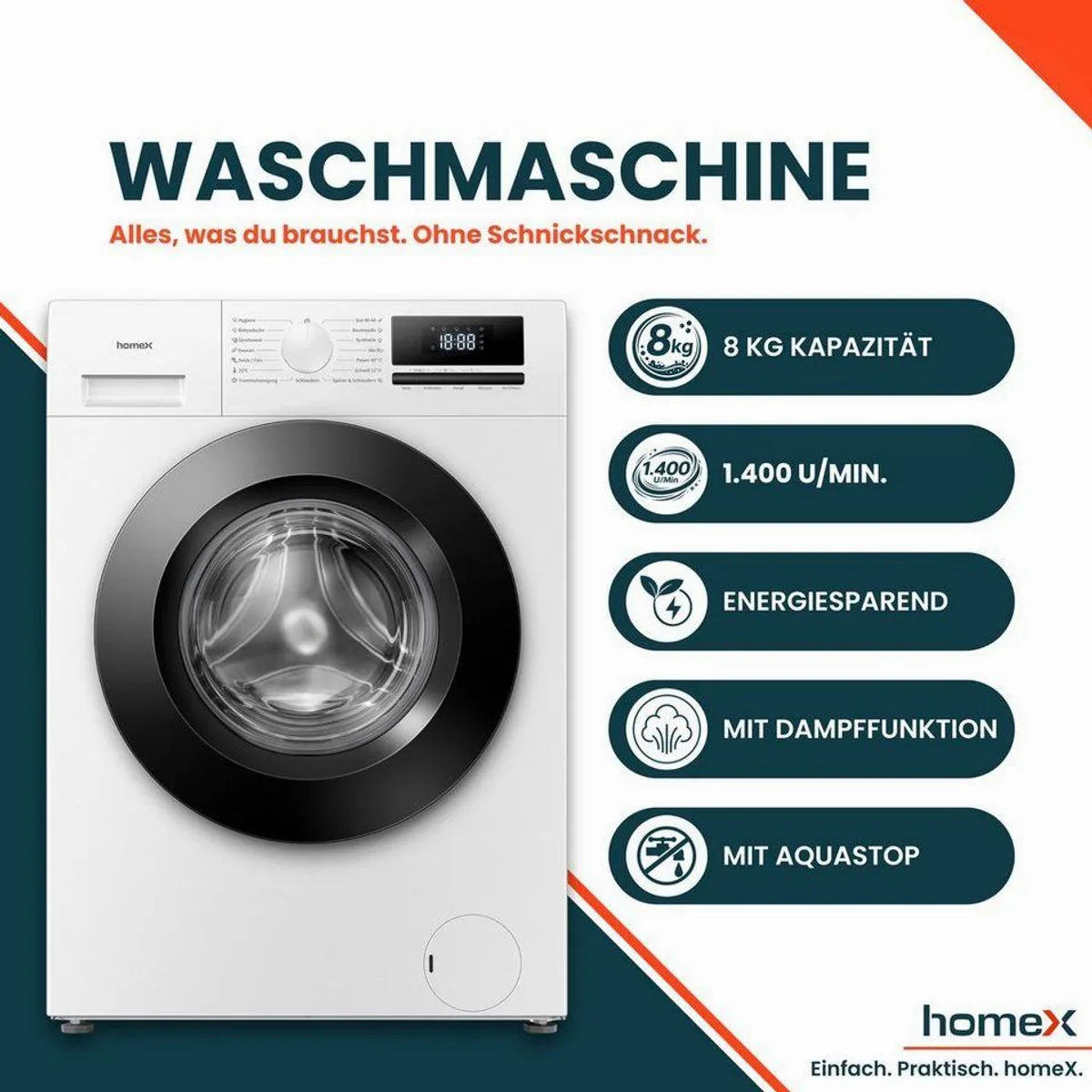 homeX Waschmaschine WF814H1A-W, 8 kg, 1400 U/min, Dampffunktion, AquaStop, Inverter Motor 2