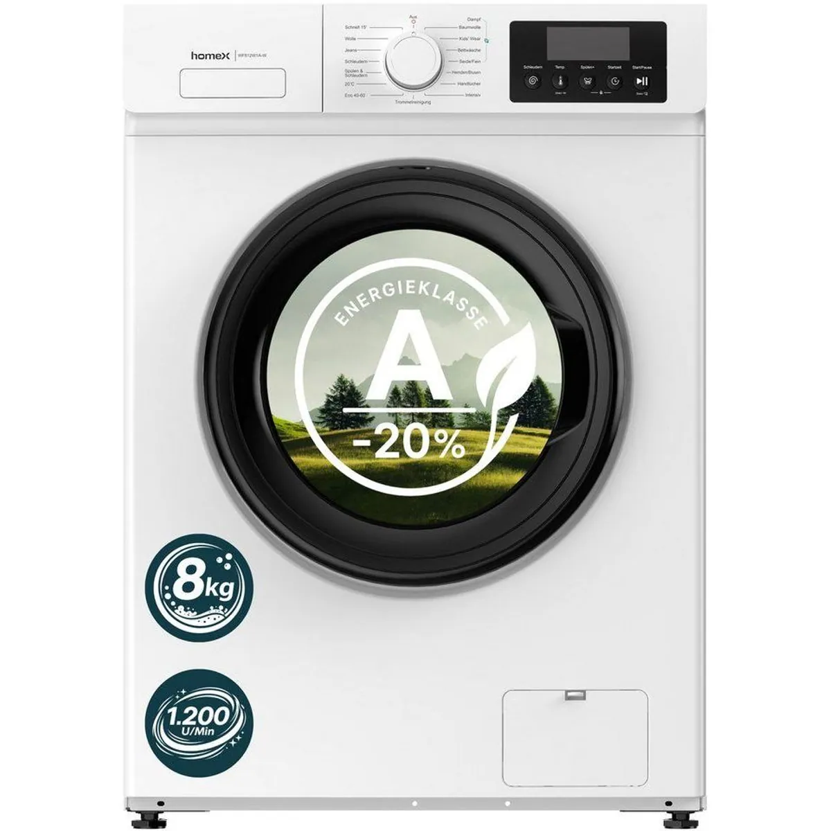 homeX WF812W1A-W Waschmaschine, 8 kg, 1200 U/min, Dampffunktion, Inverter Motor, EEK A -20%
