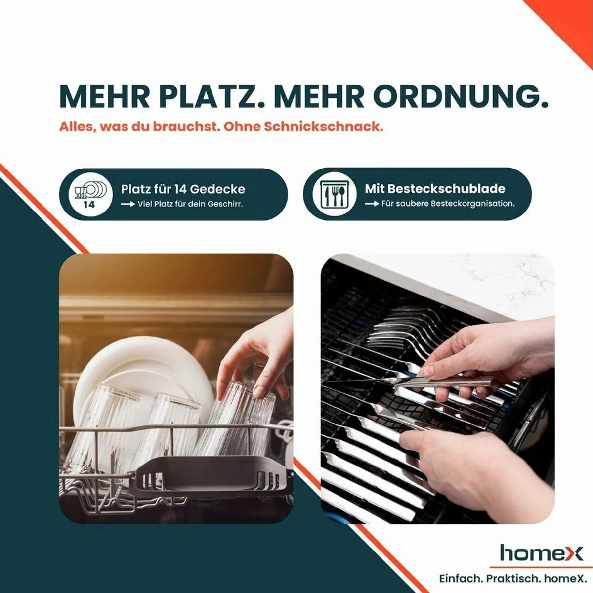 homeX DWFI601442A Geschirrspüler, 14 Maßgedecke, 8 Programme, 42 dB 2