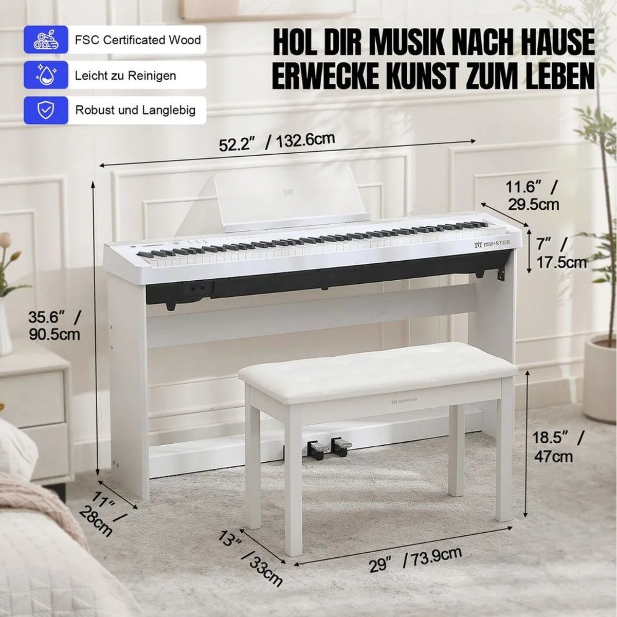 MUSTAR Digitalpiano, 88 Tasten, Hammermechanik & 3 Pedale — intuitiv, vielseitig, transportabel 2