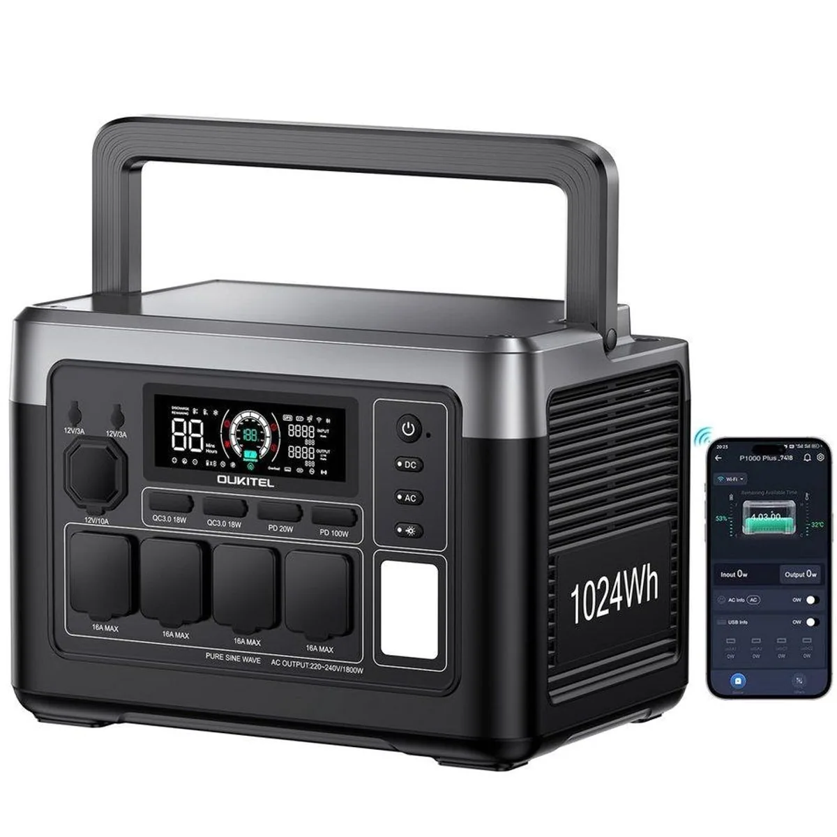OUKITEL P1000E Plus, tragbare Powerstation mit 1024Wh, 4 AC-Ausgänge, schnelle Ladefunktion