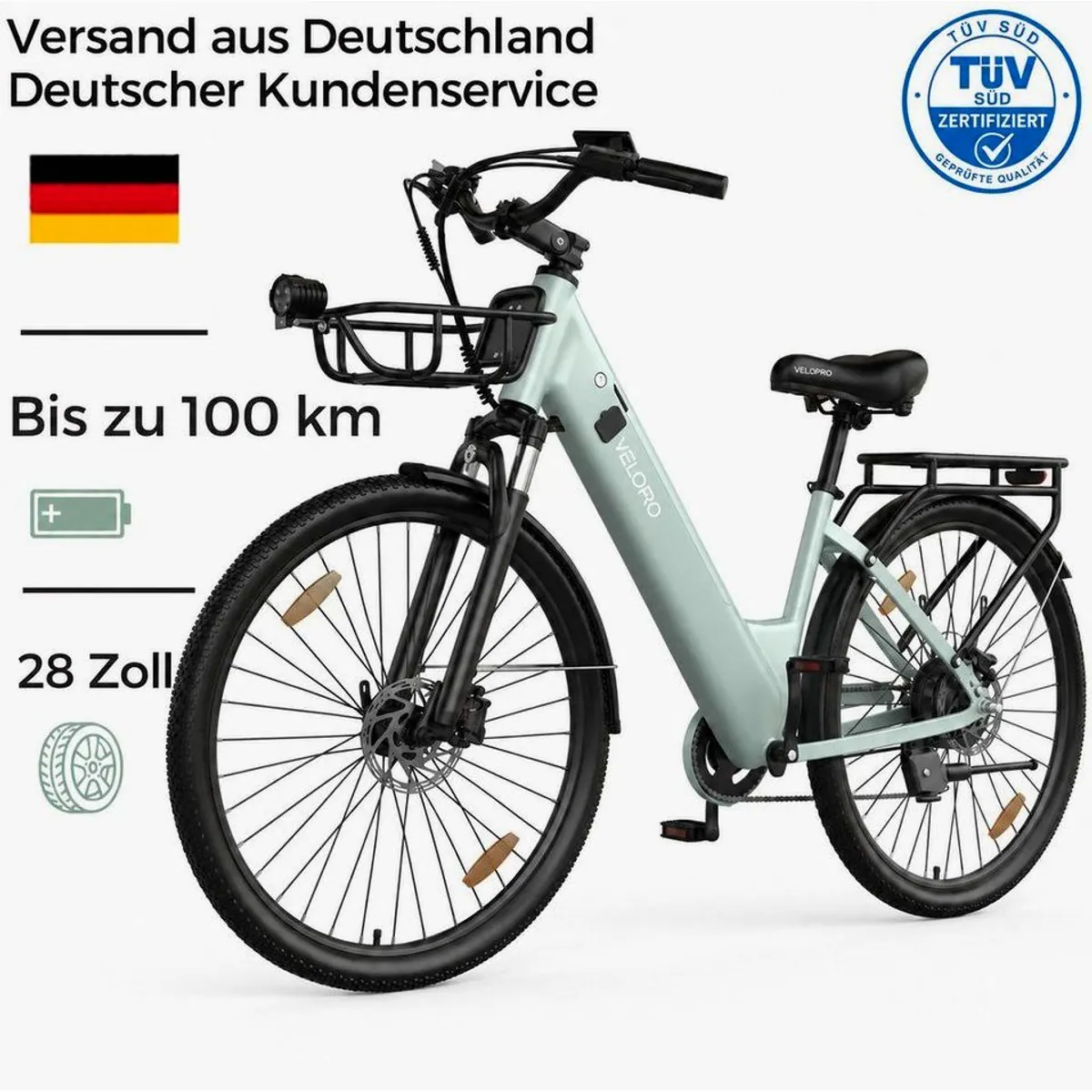 PIXAR E-Bike Cityrad Pedelec, 100 km Reichweite, 250W Motor, Shimano 7-Gang