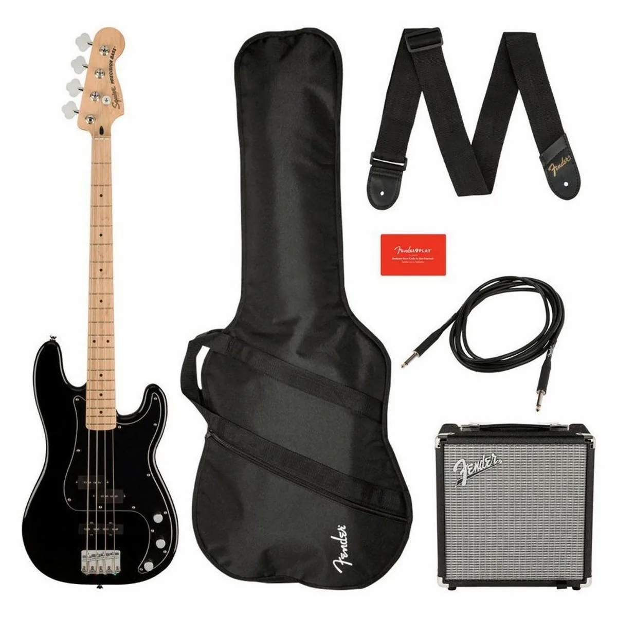 Squier Affinity Precision Bass PJ, vielseitige Klangoptionen — Komplett-Set mit Verstärker und Zubehör