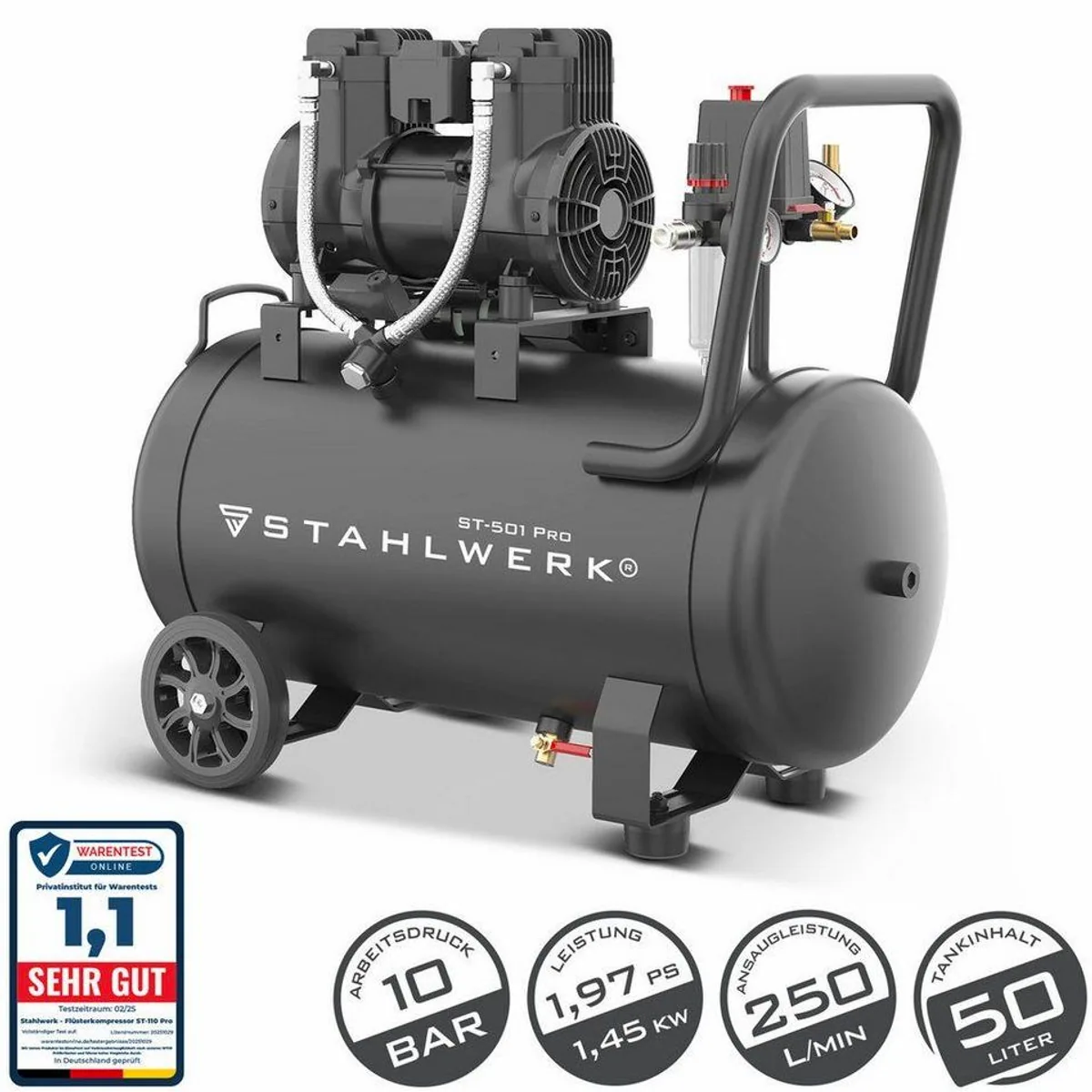 STAHLWERK Kompressor ST-501 Pro, 50 L Kessel, 10 bar Druck, 250 l/min Ansaugleistung
