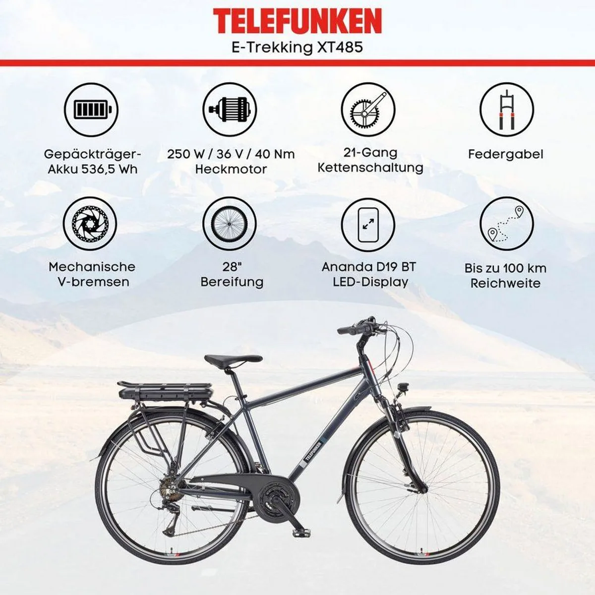 Telefunken E-Bike Expedition XT485 Herren, 250W Heckmotor, 536,5 Wh Akku, 21-Gang Shimano 5