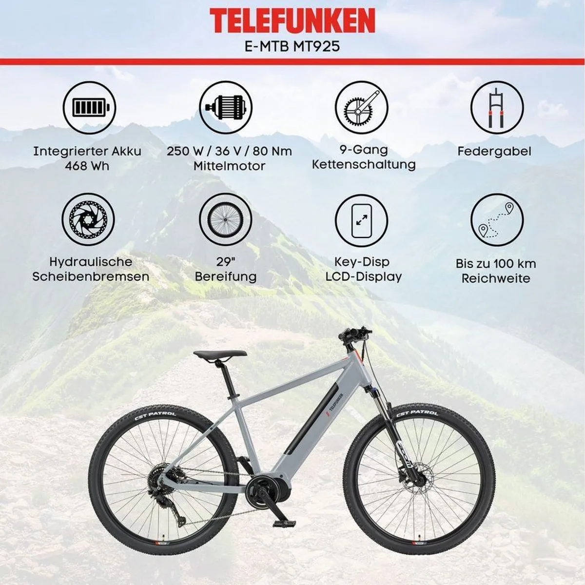Telefunken MT925 E-Mountainbike, kraftvoller Mittelmotor, 9-Gang Shimano Schaltung 5