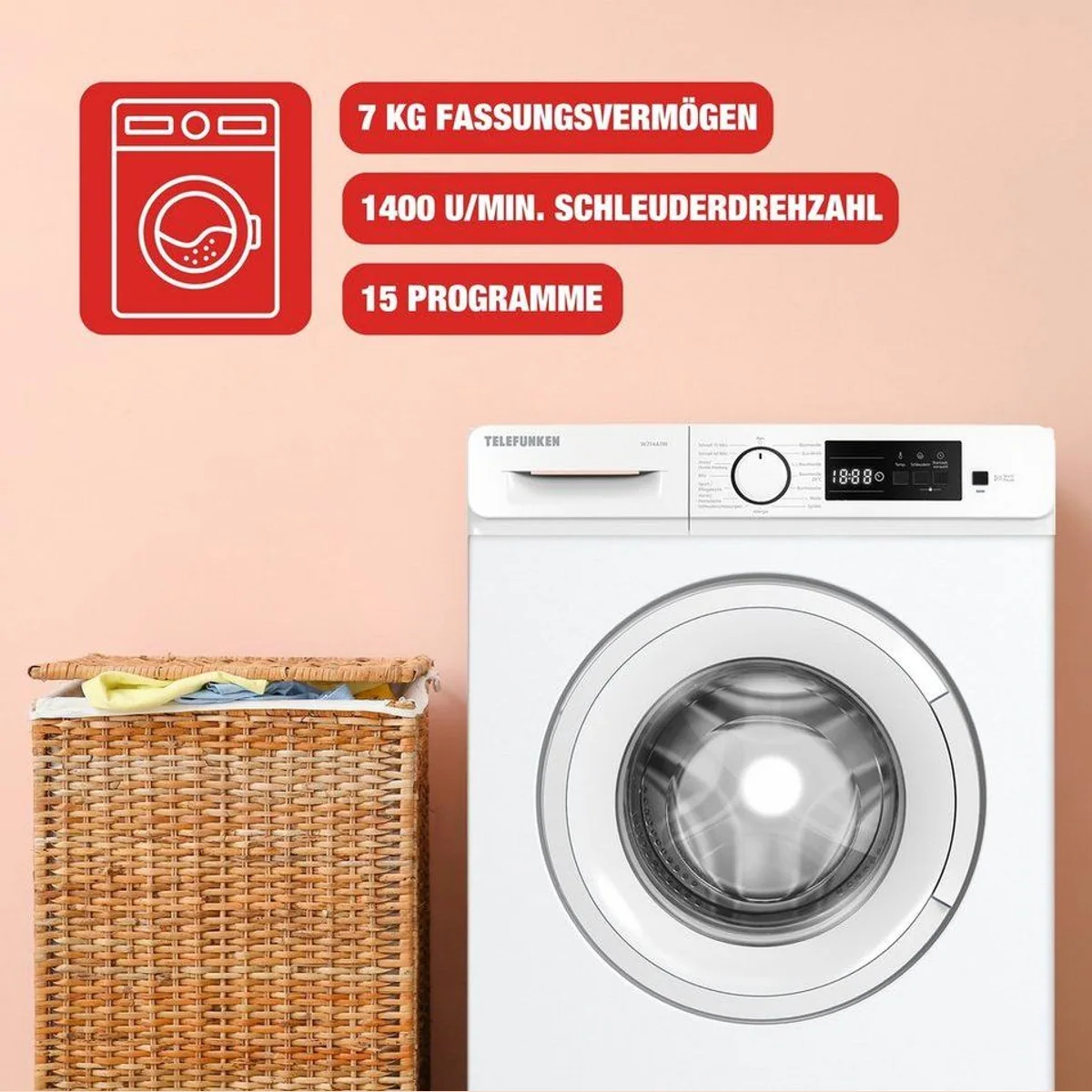 Telefunken W714A1W Waschmaschine, 7 kg Kapazität, 1400 U/min Schleuderdrehzahl, Inverter Motor 3