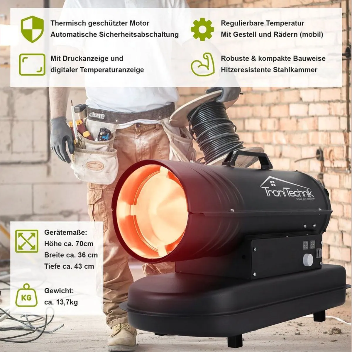 TroniTechnik Heizlüfter 20kW, integrierte Druckanzeige, hitzeresistente Stahlkammer 5