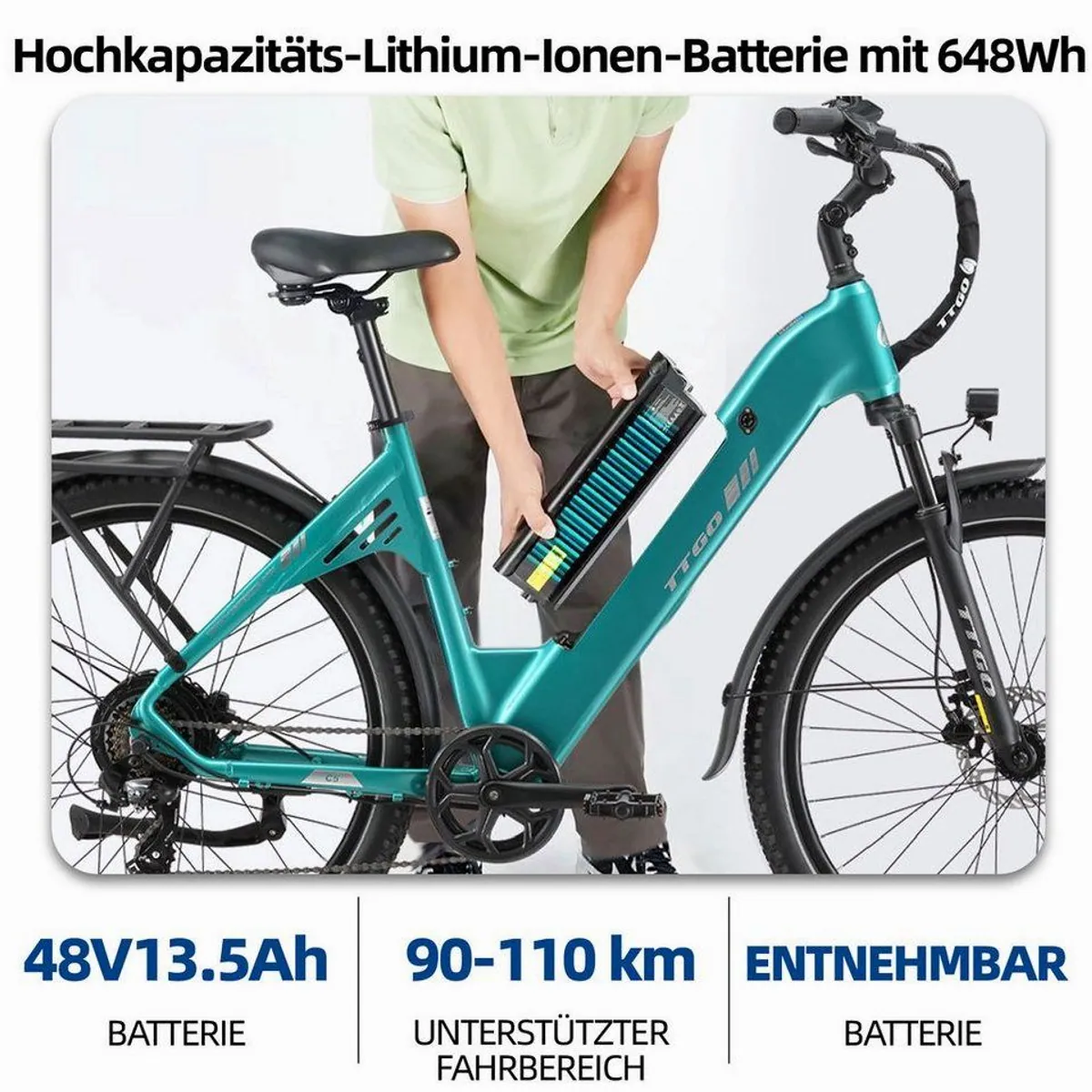 TTGO E-Bike Cityrad, 250 W Hinterradmotor, 70 Nm Drehmoment, 648 Wh Akku 3