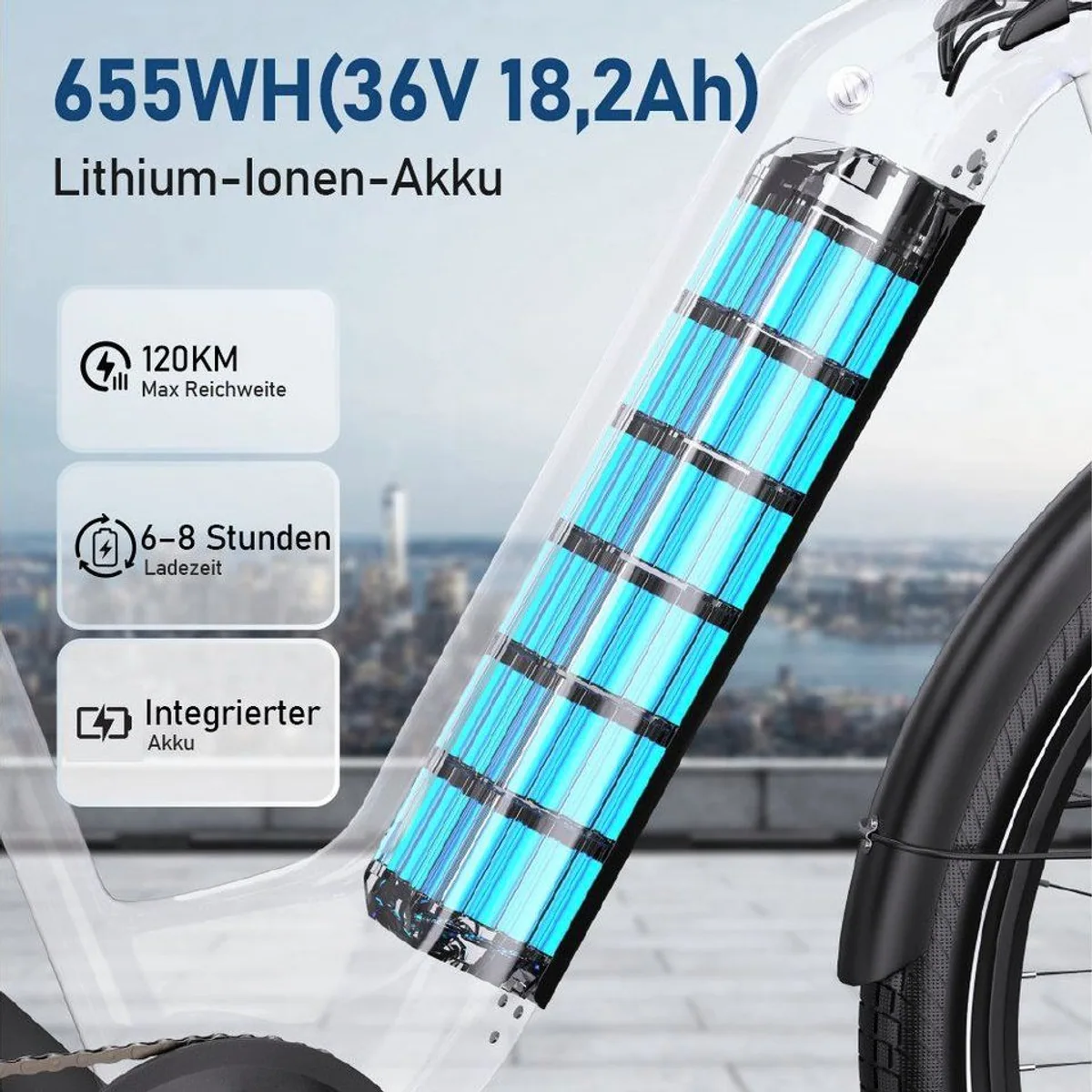 Vankel E-Bike Cityrad 28 Zoll, 655Wh Akku, 7-Gang Shimano — bis 120 km Reichweite, Heckmotor, hydraulische Bremsen 5