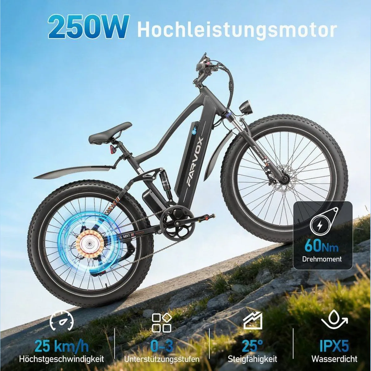 Vankel MX1 E-Bike, 250W Heckmotor, 100 km Reichweite, 7-Gang Shimano 4