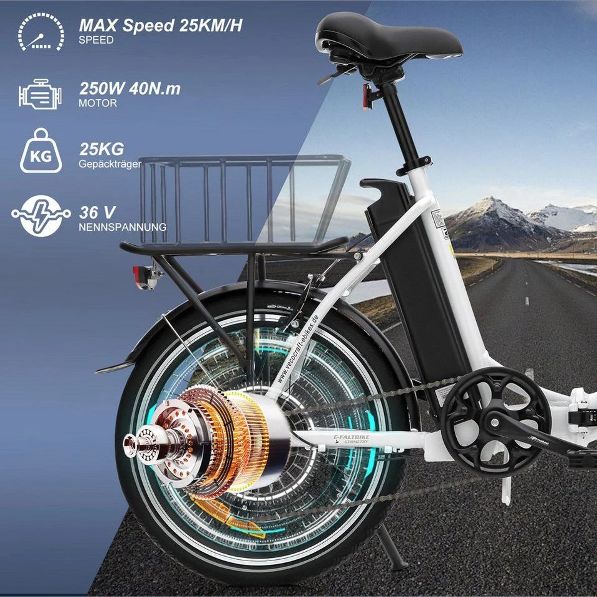 VECOCRAFT E-Bike Faltrad, 36V 13Ah, 100 km Reichweite, klappbar, Shimano 7-Gang 2