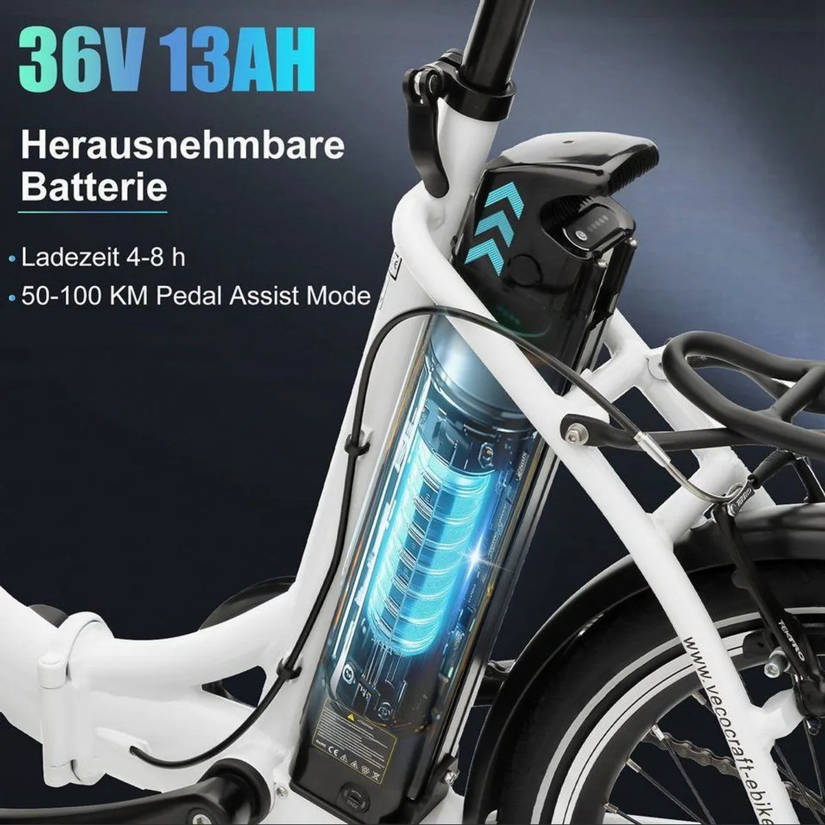 VECOCRAFT E-Bike Faltrad, 36V 13Ah, 100 km Reichweite, klappbar, Shimano 7-Gang 3