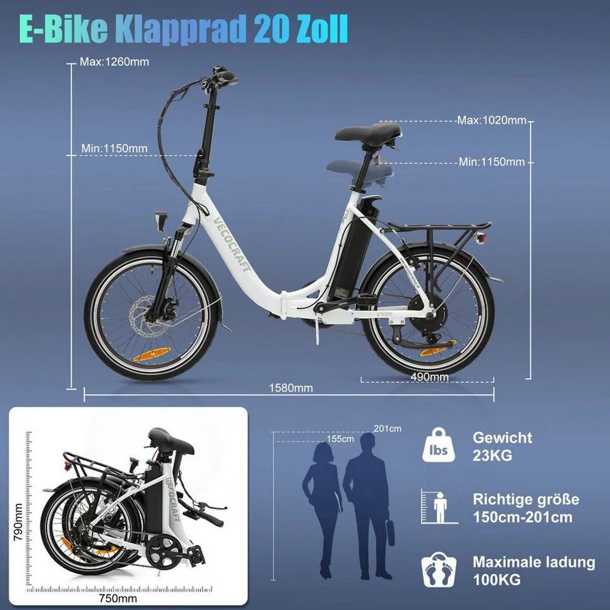 VECOCRAFT E-Bike Faltrad, 36V 13Ah, 100 km Reichweite, klappbar, Shimano 7-Gang 5
