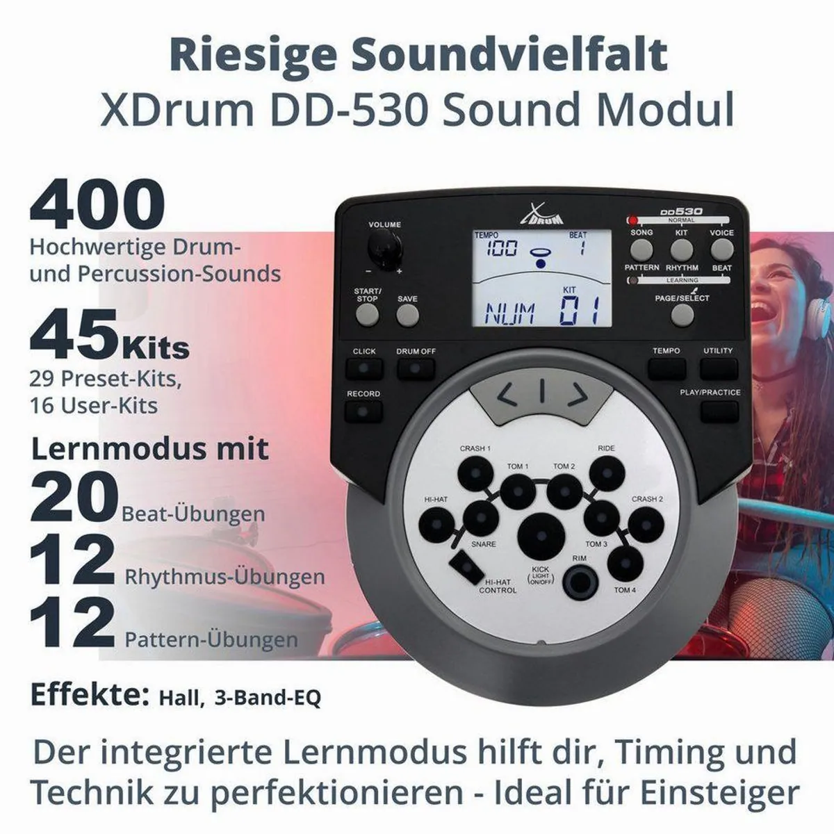 XDrum DD-530 E-Drum, 400 Sounds, Mesh Heads, Lernmodus — vielseitig für Bühne und Übung 2