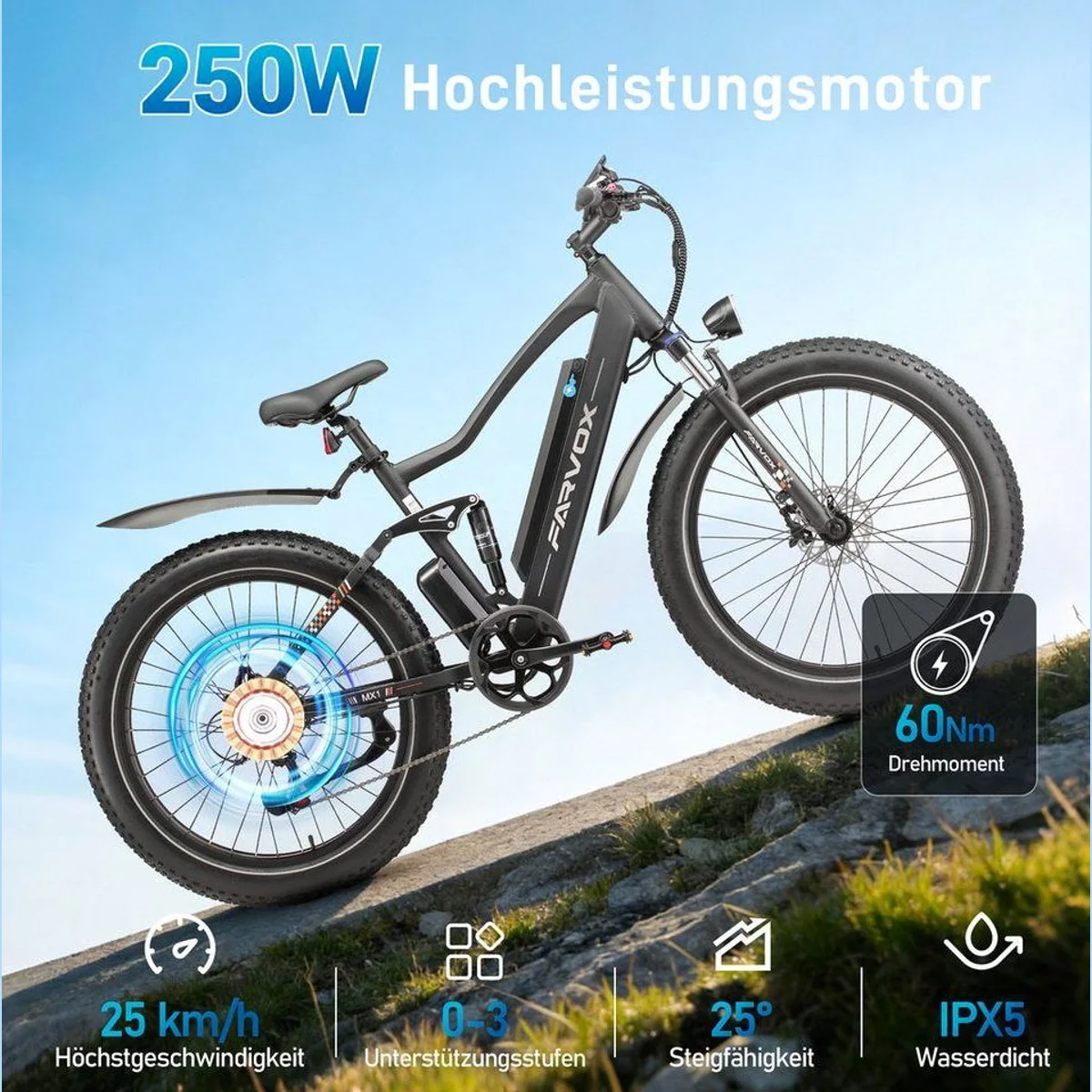 ZWHEEL MX1 E-Fahrrad, 624Wh Akku, 250W Heckmotor, 7-Gang Shimano 3